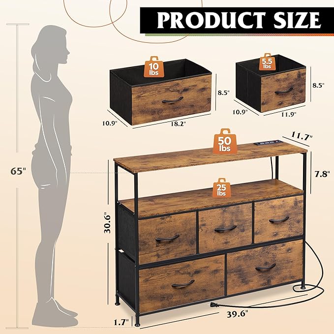 WLIVE Dresser for Bedroom with 5 DrawersFabric Dresser TV Stand with Charging Station Chest of Drawer with Open Shelves for 45 inch TVfor Living RoomEntryway Charcoal Black Wood Grain Print