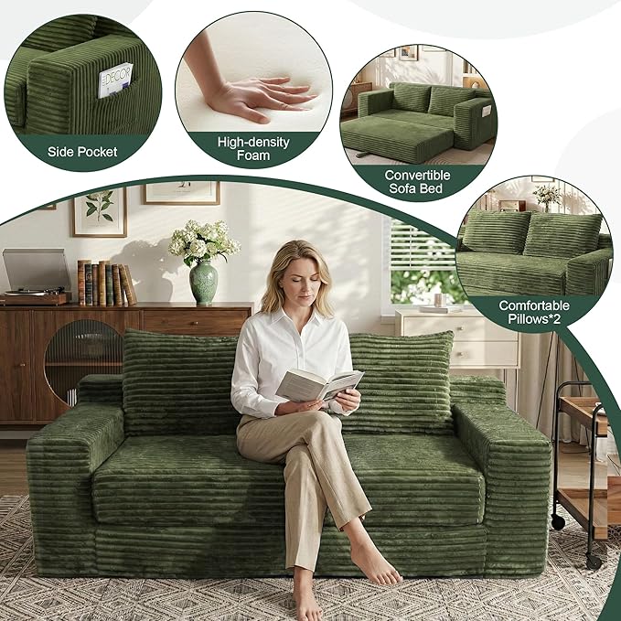 73 Convertible Sofa Bed 2 in 1 Folding Couch Bed Boneless Couch in a Box Cloud Loveseat Sleeper Fold Out Comfy Floor Futon Sofa with 2 Pillows for Living Room Bedroom No Assembly (Green 73)