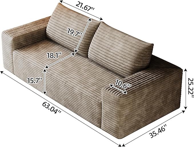 Ball &amp Cast 63 Loveseat Sofa with Deep SeatMemory Foam2 Seater Floor Couch with Corduroy FabricNo AssemblyCloud Sofas Couches for Small Spaces Living Room Bedroom ApartmentEasy to MoveCamel
