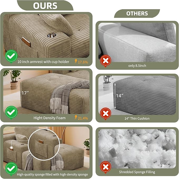 MoonSpeak 67 Boneless Reading Chair with Lounges Chaise Indoor Corduroy Cloud Couch with 1 Ottoman Upholstered Sleeper Sofa Bed with Wide Armrest and 3 Pillows for Living RoomReading Room (Khaki)