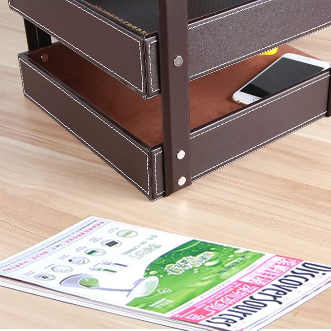 Very Sturdy 3 Tier Leather Desk File Rack for Office Supplies/Stationery/FolderStackable Letter Tray OrganizerDocument Filing Organizer Holder for Desktop Storage (Brown)…