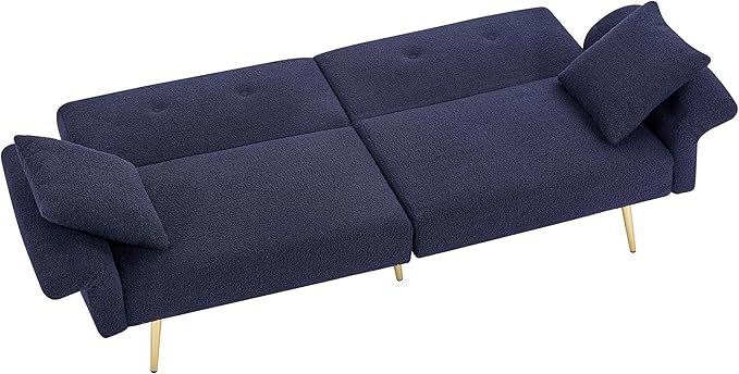 69.5'' Futon Loveseat Sofa Bed Comfy Teddy Upholstered Folding Couch with Adjustable Backrest and ArmrestsSleeper Couches with Side Pocket and Gold Metal Legs for Living Room (Dark Blue)