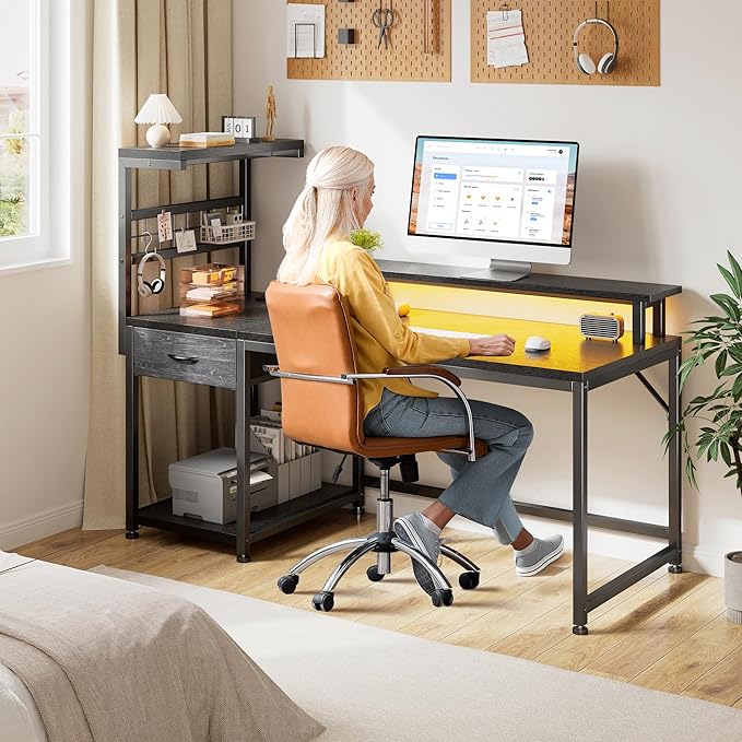 EnHomee 48 Gaming Desk with LED Lights &amp Power Outlets Home Office Desk with Monitor Stand Computer Desk with Drawer &amp Storage Shelves for Living Room Study Room Gaming Room Black