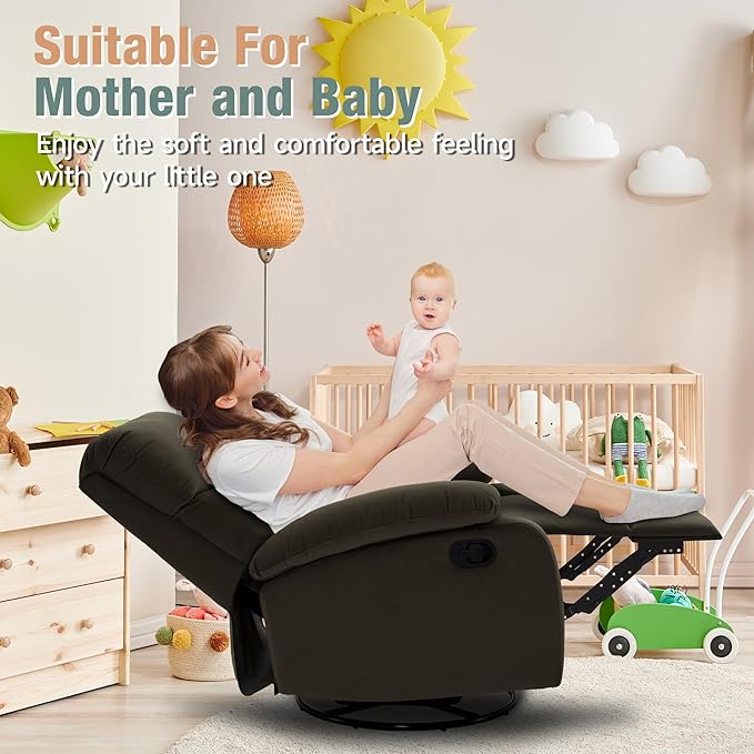 Swivel Rocker Recliner for Adults Small Recliner Chair for Small Spaces Rocking Glider-Nursery Rocking Chair for Living Room RV Nursery Bedroom Brown