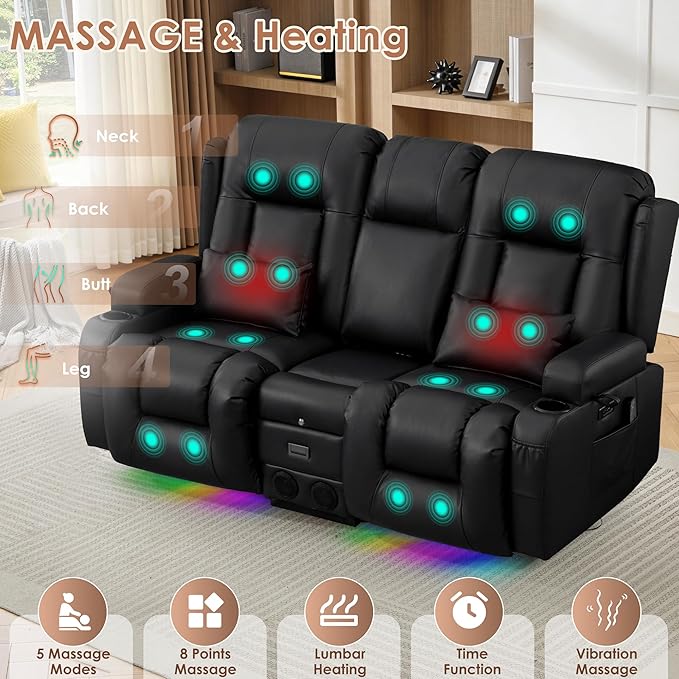 TUNYI Wall Hugger Loveseat Recliner Sofa with Console Power Reclining Loveseat RV Couch with Massage &amp Heat/USB/Outlet/Storage/LED Light/Speaker (Black)