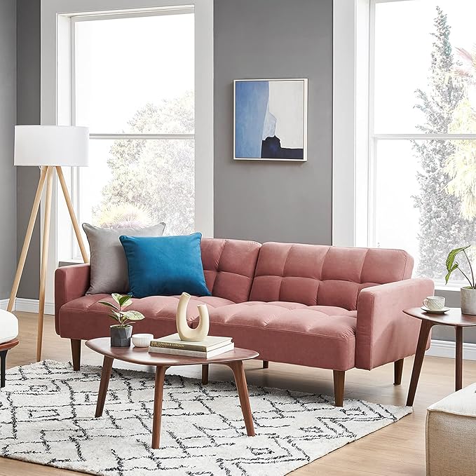 mopio Aaron 76.8 Couch Small Futon Sofa Bed Sleeper Loveseat Mid Century Modern Futon Couch Sofa Cama Couches for Living Room Bedroom (Old Rosa Velvet)