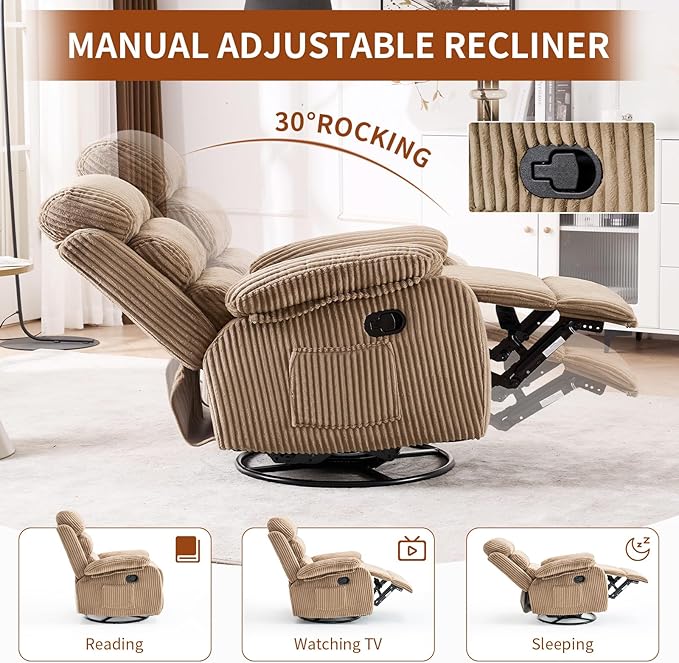 Velvet Upholstered Glider Recliner Chair – 360° Swivel Rocker Chair for Adults Small Rocking Chair for Small Spaces Soft Fabric Recliner Chair with Side Pockets Comfortable Nursery ChairBrwon