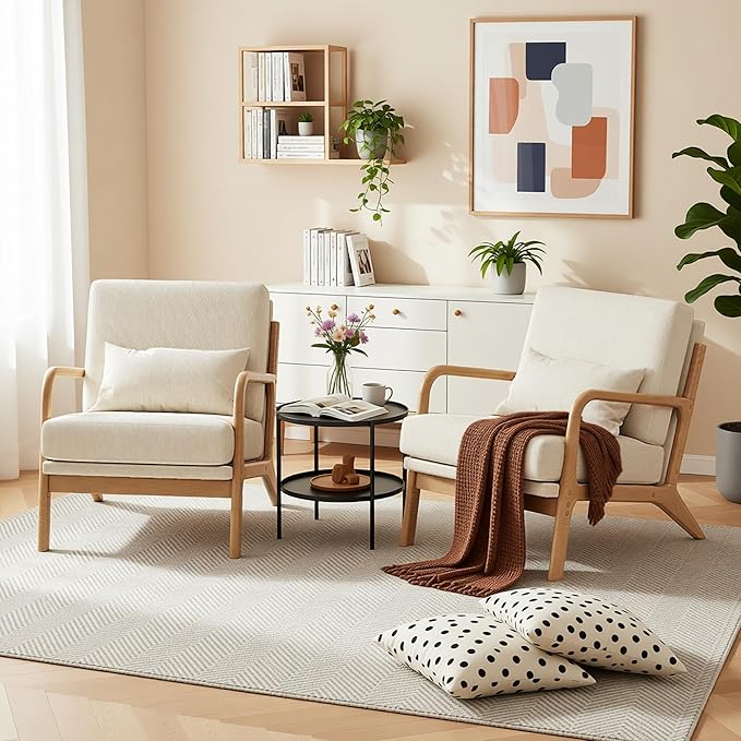 Claiks Mid-Century Modern Accent Chair Living Room Armchair with Solid Wood Frame &amp Lumbar Pillow Comfy Upholstered Lounge Chair for Bedroom Office Corduroy Beige