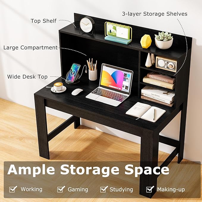 Tangkula Computer Desk with Hutch &amp Charging Station Home Office Writing Study Desk with Storage Shelves Cable Management Hole Laptop Desk Desk for Bedroom Computer Workstation (Black)