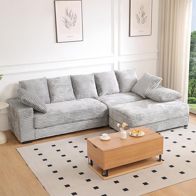 108 Oversized Sectional Sofa Modular Deep Seat Sofa Couch with Storage Ottoman Upholstered Comfy Cloud Couches with 8 Pillows Modern L-Shaped Corduroy Sofa Chaise for Living Room Apartment Gray