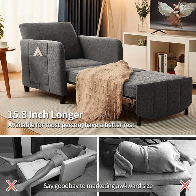 Sleeper Chair 84 Extra Long Convertible Chair Bed Upgraded 3-in-1 to 4-in-1 Pull Out Chair &amp Single Sofa Bed for Adult Sleeping Chair for Living Room &amp Small Space (Dark Grey)