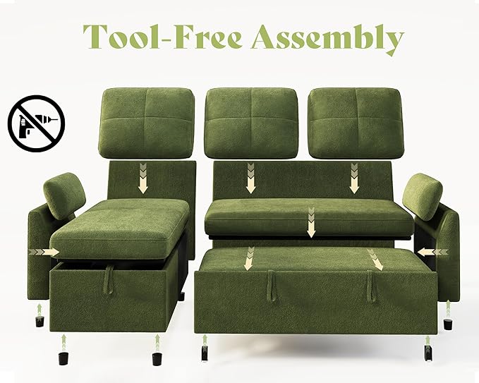 AMEILIFE Sofa Bed Sleeper Sofa with Storage Chaise Convertible Sofa Bed with Pull Out Couch l Shaped Couch for Living Room-Green Linen