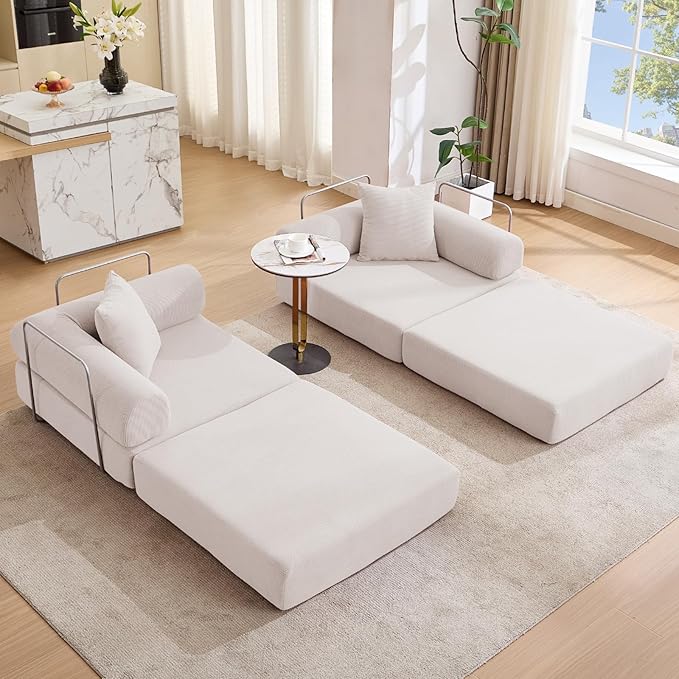 73 Convertible Modular Folding Sofa Bed 5-in-1 DIY Combination Fold Out Sleeper Sofa Bed Loveseat sleeper Couch with Removable Armrests Corduroy Floor Couch Small couches for small spaces Beige
