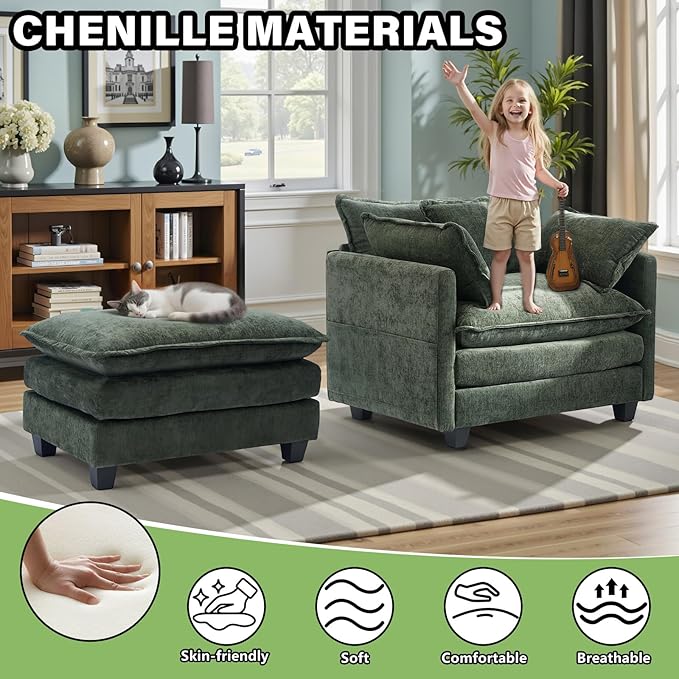 Oversized Accent Chair with OttomanChenille Sofa with Deep Seat and Upholstered Armrests Comfy Oversized ChairReading Chairs for BedroomLiving Room (Green)