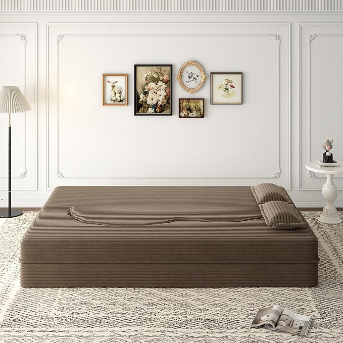 Hommoo Convertible Sleeper Sofa Bed Futon Sofa Folding Mattress Couch Full Size Corduroy 2 in 1 Compression Floor Lounge Couch High Density Foam for Living Room/Guest Room/Apartment Coffee