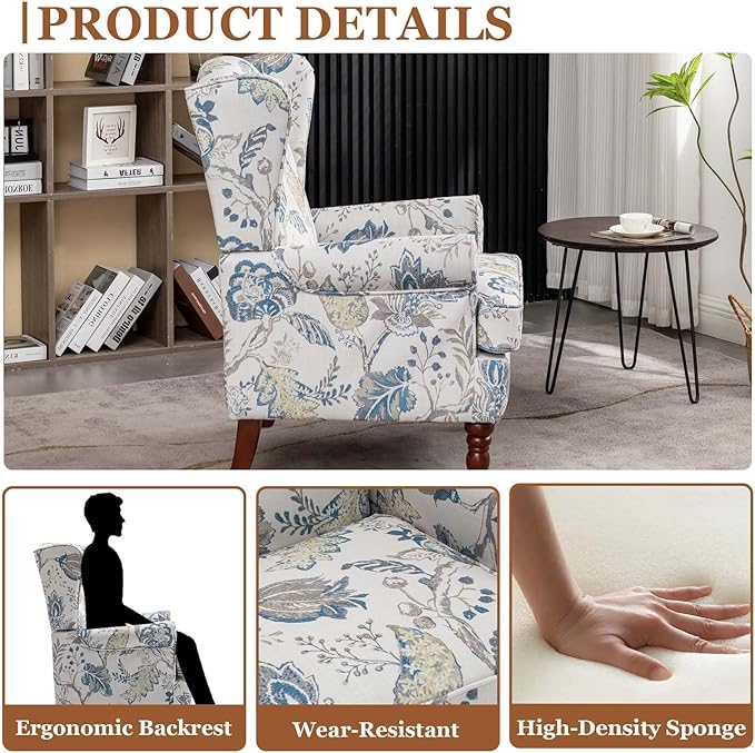 Anwick Modern Floral Accent Chair Upholstered Armchair Wingback Chair with Wooden Legs Single Sofa Reading Chair Accent Chairs for Living Room Bedroom Office (Blue)