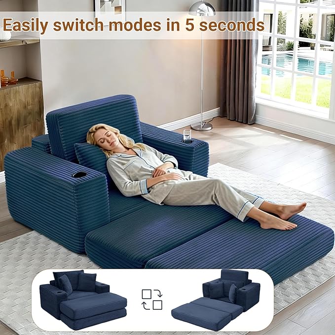 53 Oversized Chaise Lounge Chair Indoor Modular 3-in-1 Corduroy Boneless Chair Cloud-Like Cozy Comfy Sofa Bed Sleeper Couch for Reading Living Room Bedroom Blue