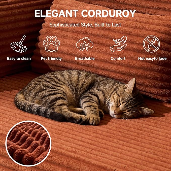 141″ Cloud Modular Sectional Sofa U Shaped Sectional Couches with Reversible Chaise Boneless Couch for Living Room 28 Deep Seat Corduroy Couch in a Box No Assembly Required Orange