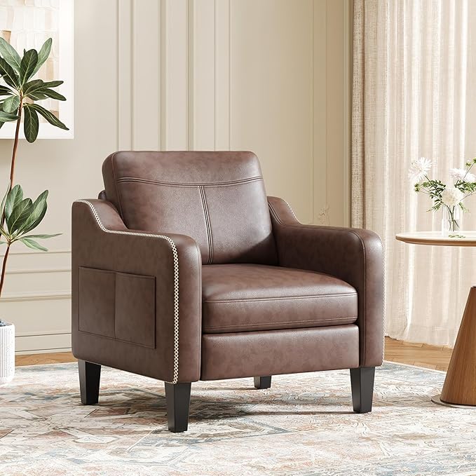 PU Leather Accent Chair Mid-Century Modern Living Room Armchair Sofa with Removable Cushions Solid Wood Frame &amp Stitched Armrest Design Bedroom Chair with Plastic Legs Chocolate Brown