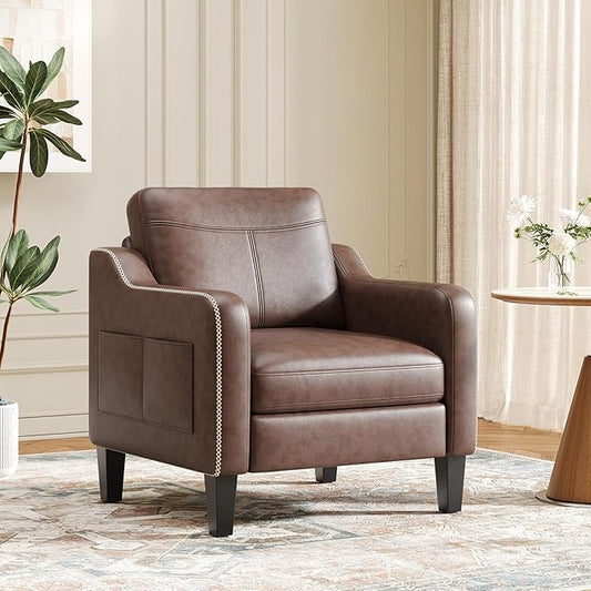 PU Leather Accent Chair Mid-Century Modern Living Room Armchair Sofa with Removable Cushions Solid Wood Frame &amp Stitched Armrest Design Bedroom Chair with Plastic Legs Chocolate Brown