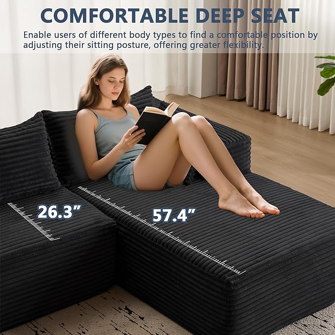 107 Modular Sectional Couch with L-Shape ChaiseBoneless Sofa for Living RoomModern Cloud Couch with Deep SeatNo Assembly RequiredLovesetBlack(Right Facing Chaise)