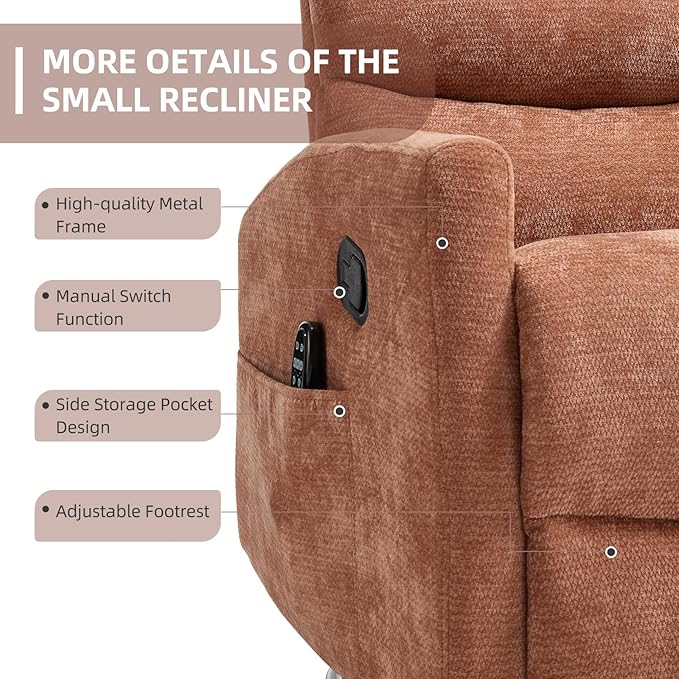PELUMY 360° Swivel Rocker Recliner with Heat &amp Vibration Massage Glider Rocking Chair for Adults Compact Recliner for Living Room Small Spaces Nursery Bedroom (Chenille Orange)