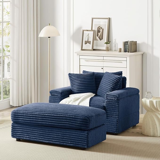 Chaise Lounge Chair Indoor 44 Inch Comfy Corduroy Sectional Cloud Couch Upholstered Single Sofa w/Movable Ottoman for Living Room Bedroom Apartment Blue