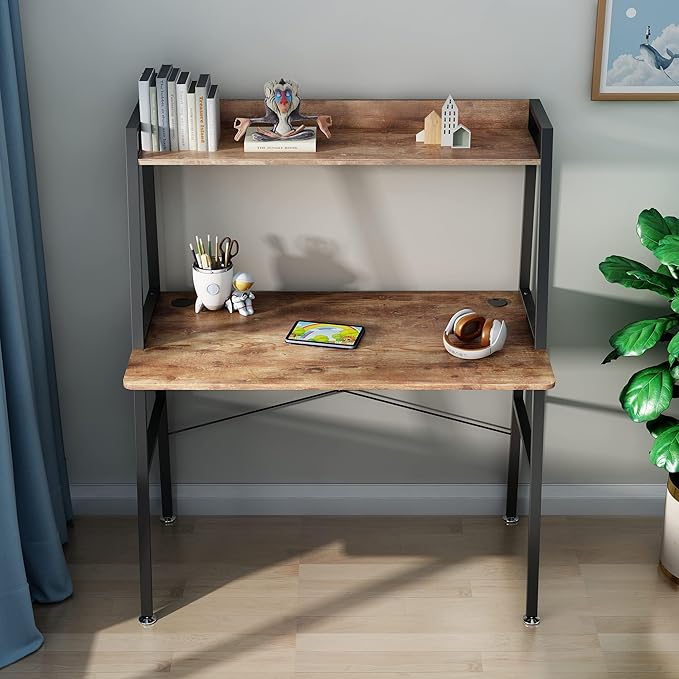 EUREKA ERGONOMIC Small Computer Ladder Desk with Storage Shelves 43 Inch 2-Tier Home Office Students Study Writing PC Gaming Table with Bookshelf Modern Workstation for Space Saving Rustic Brown
