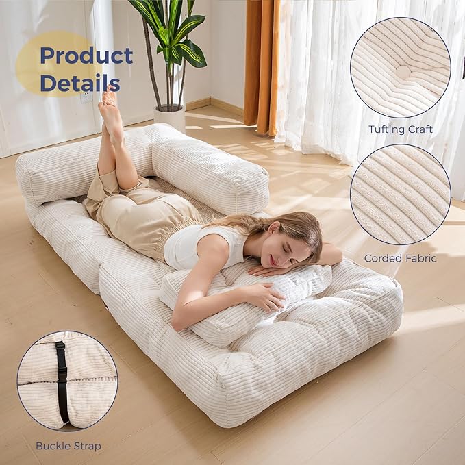 MAXYOYO Folding Sofa Bed L-Shaped Convertible Sofa Foldable Sleeper Couch with Pillow Portable Fold Out Chair Bed with Armrest Comfy Floor Lounge for Living Room Bedroom Beige