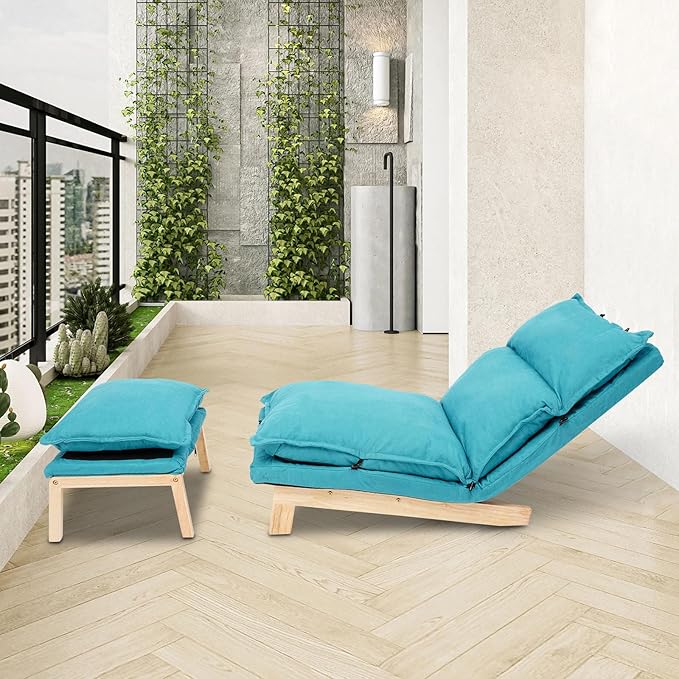 Single Lazy Sofa Lounge Chair with Footstool 5-Position Reclining Comfort for Living Room Balcony Japanese Tatami Floor Recliner Modern Leisure Recliner Indoor Use Blue