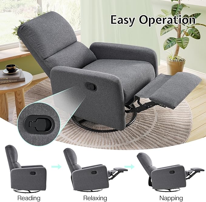 Jocisland Swivel Rocking Chair Nursery Glider Recliner Chairs for Adults Rocker for Living Room Bedroom Comfy Upholstered Modern Nursing Reclining Single Sofa Grey Linen (No Side Pockets)
