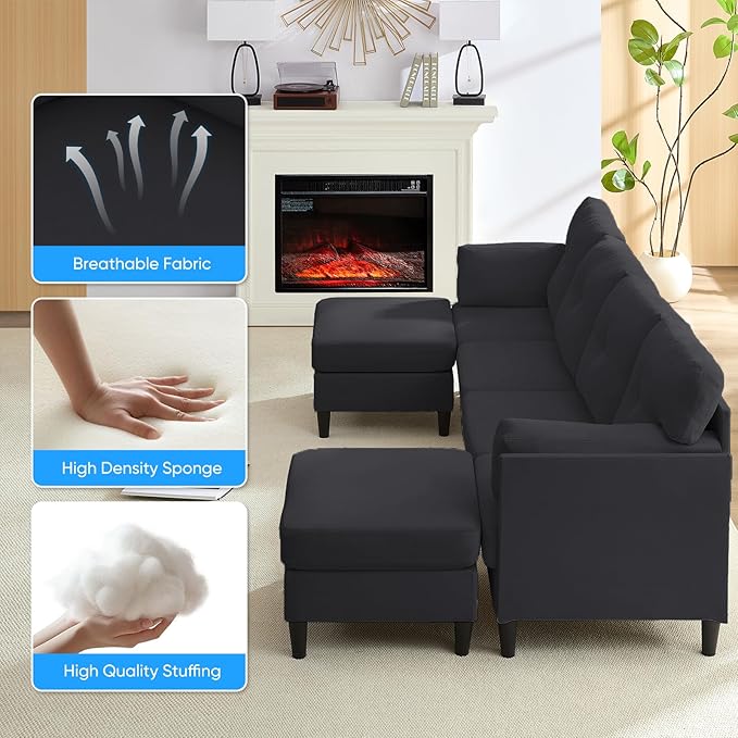 PUREMIND Sectional Couches for Living Room Modern Snow Velvet U-Shaped Sofa Couch with Double Chaise Upholstered 4 Seater Sofa with Double Chaise for Living Room Apartment Office Dark Grey