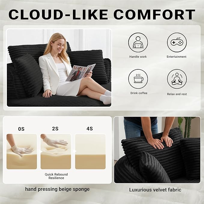 54-inch Oversized Round Chaise Longue Chair Indoor Modern Upholstered Corduroy Deep Seat Circle Chair Single Cloud Lounge Floor Sofa Chair for Living Room Bedroom Apartment Black