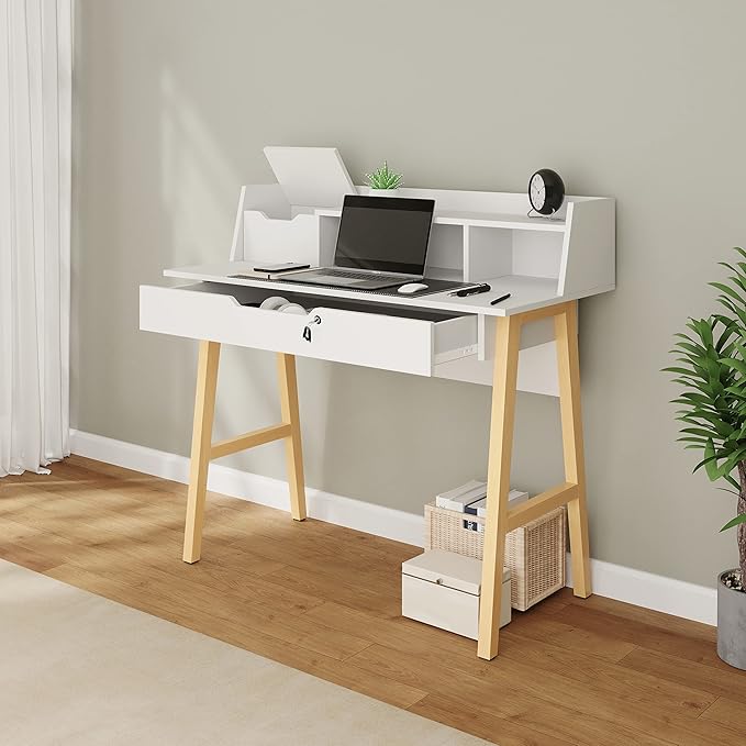 Modern Design Roma Small Desk for Bedroom 40 inch White Writing Desk with Hutch and Locking Drawer by Crafts and Comfort