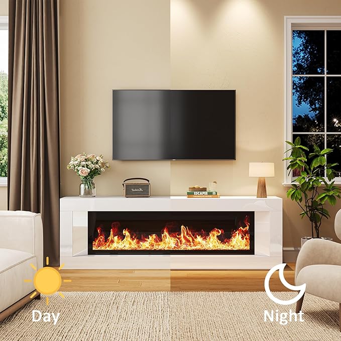 High Gloss Fireplace TV Stand with 47 Electric Fireplace Unheated 63 Entertainment Center with Fireplace Modern Wood TV Console with 12 Electronic Flame Colors for Living Room White