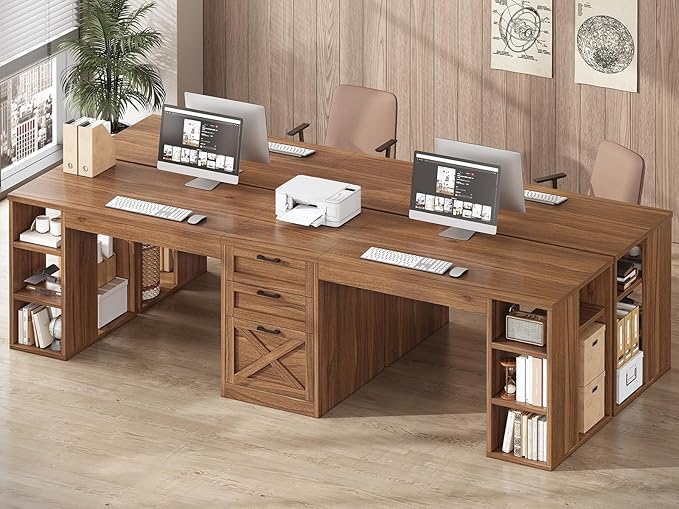 SEDETA Farmhouse 96.5 Computer Desk with Drawers 2 Person Home Office Desk Gaming Double Desk with Storage Shelves Long Two Person Writing Desk Brown
