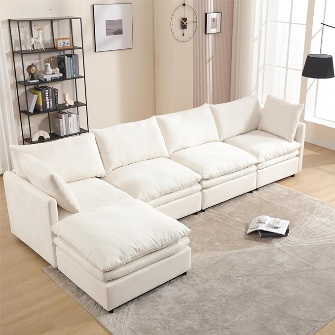 kevinplus 129.92'' Modular Sectional Sofa Couch with Convertible Ottoman for Living Room Modern Contemporary 4-Seat L-Shape U-Shape Upholstered Sofa Couch Free Combination Polyester Fabric Beige