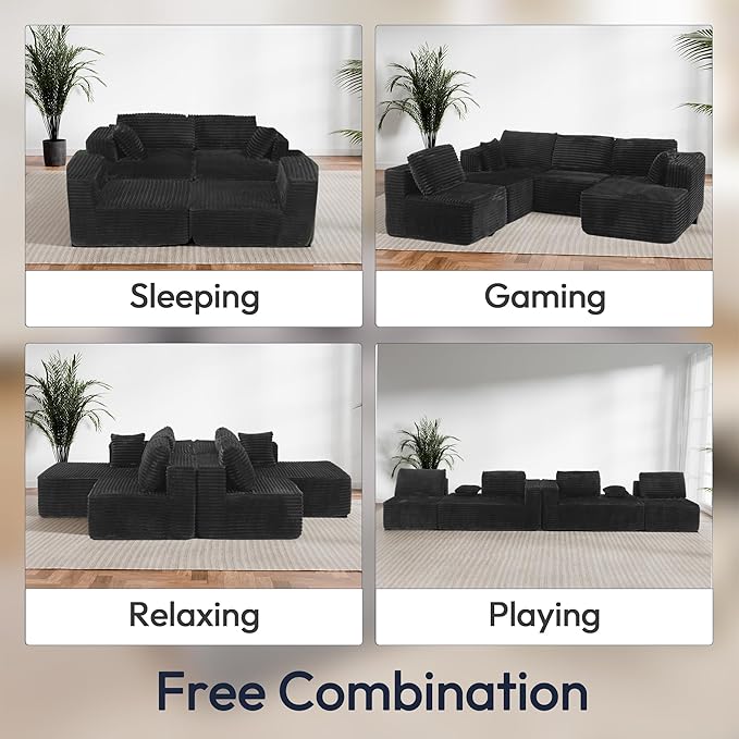 132 U Shaped Couch Modular Sectional Sofa with Chaise Flannel U Shaped Boneless Couch with Deep Seat Upholstered Modular Cloud Sofa for Living Room No Assembly Required Black Flannel