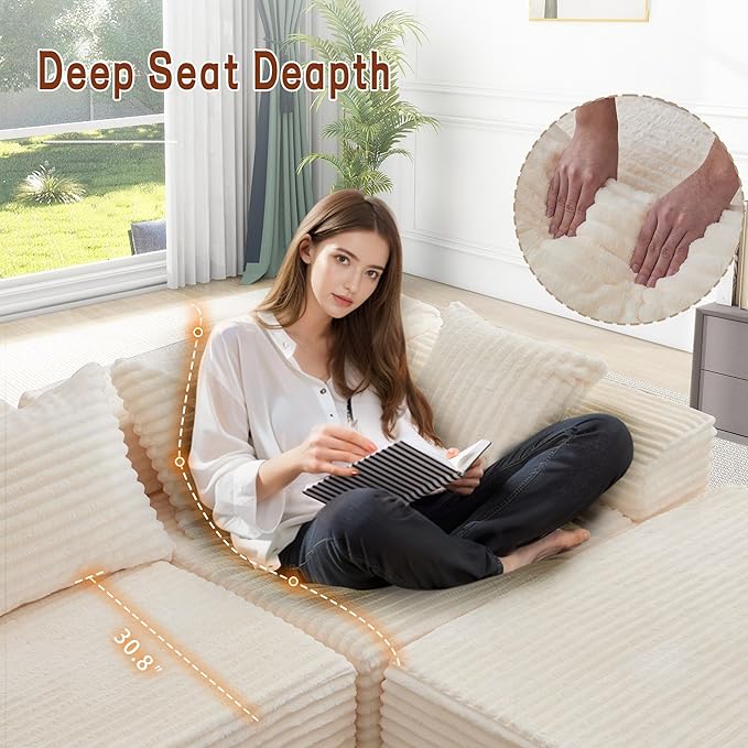 110 L-Shaped Modular Sectional Sofa with Chaise Boneless Comfy Corduroy Fluffy Couch with Deep Seat and Side Pockets Flexible Module Combination for Living Room No Assembly Side Pockets