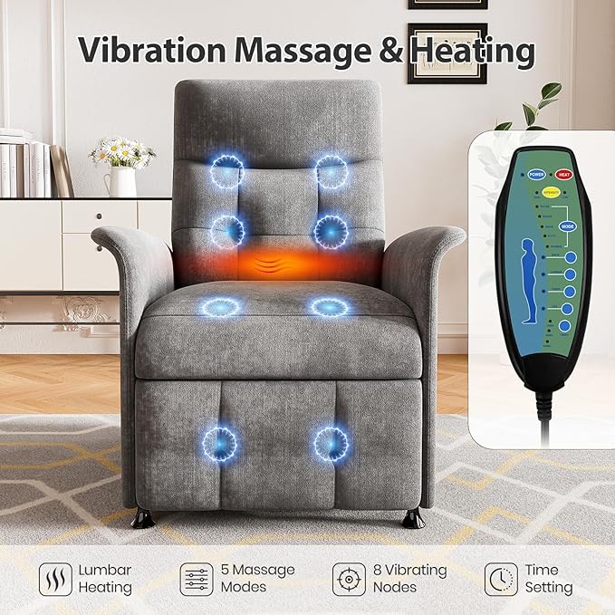 Power Recliner Chair for Adults with Heat &amp Massage - Soft Fabric Electric Reclining Sofa with Remote Control 3 Side Pockets 180° Lay Sleeper for Living Room Home Theater Dark Grey