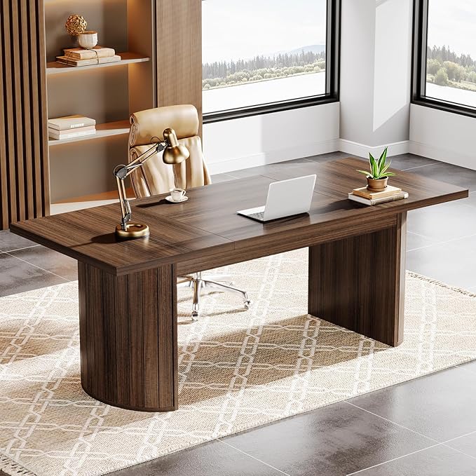 Tribesigns 78.74 Executive Desk Large Farmhouse Computer Office Desk with Double Pedestal Wooden Study Writing Table Workstation Conference Table for Home Office Walnut (Brown)