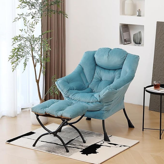 Lazy Chair with Ottoman Modern Accent Chairs with Folding Footrest Velvet Light Blue Sofa Chair Set Reading Chairs Oversized Armchairs for Bedroom Study Living Room Courtyard