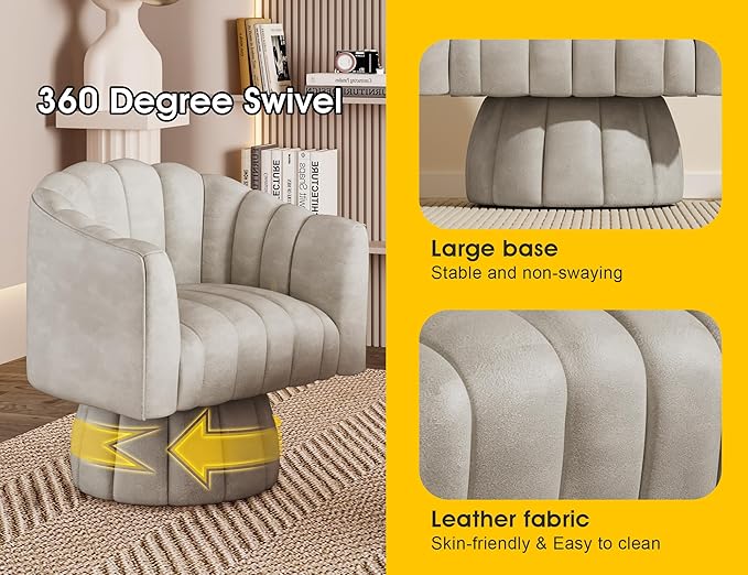 Modern 360 Degree Leather Swivel Cuddle Barrel Accent Sofa Chairs Round Armchairs with Wide Upholstered Leather Reading Chair for Living Room Bedroom Office Waiting Rooms (Dark Almond)