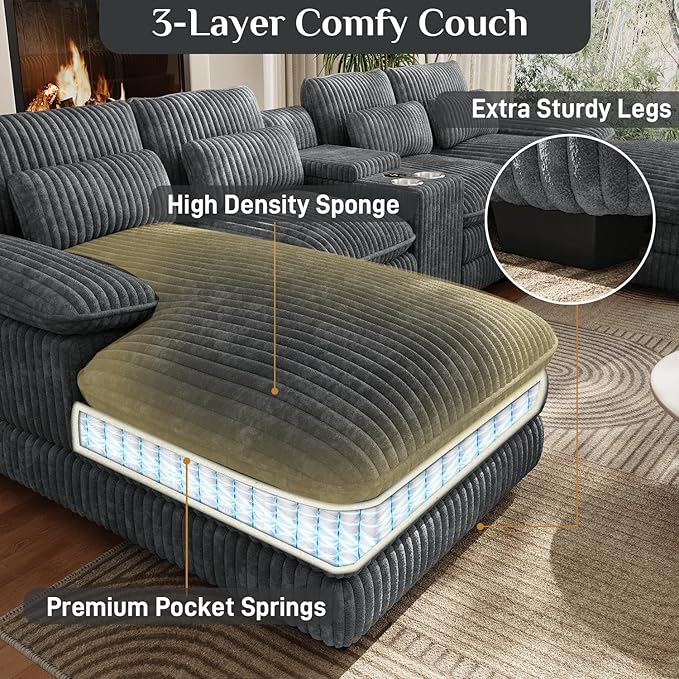 133 Oversized U Shaped Cloud Couch Modular Sectional Couches for Living Room Comfy Corduroy Deep Seat Sofa Set with Double Chaise Lounge Storage Central Console Cup Holders USB Port Dark Grey