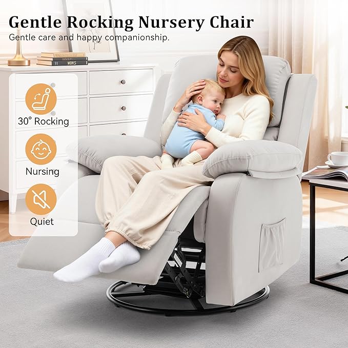 Recliner Chair 360 Swivel Rocker Chair for Adults Small Rocking Recliner for Small Spaces Upholstered Fabric Glider Recliner Nursery (Swivel Rocker Recliner Off White)