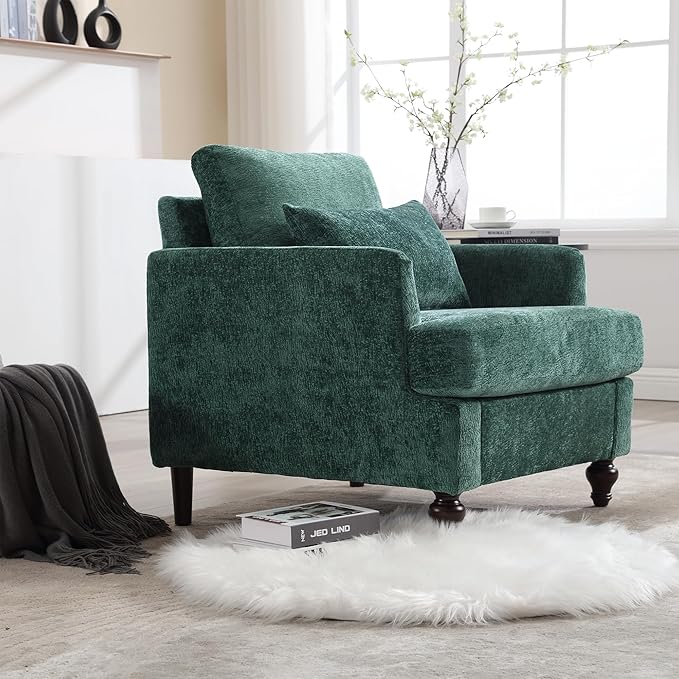Mid Century Modern Accent ChairsChenille Upholstered Armchair with Rubber Wooden LegsComfy Reading Chairs with Scooped Arms for Living RoomBedroom (Emerald)