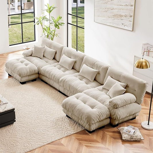 173.2 Oversized U Shaped Couch Chenille Modular Sectional Sofa 4 Seater Deep Seat Sofa with 2 Movable Ottoman Cloud Couch with Thick Seat Cushion Sectional Couches for Living Room Light Coffee