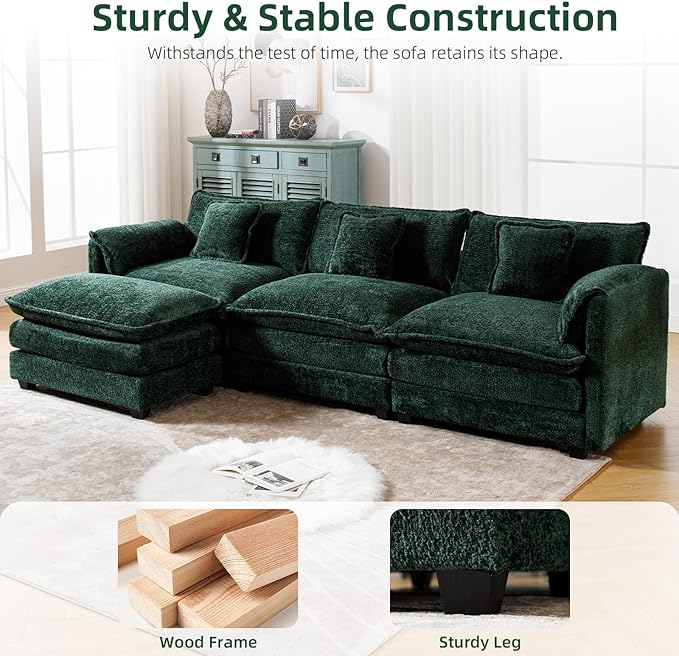 GNIXUU 112 Green Modular Cloud Couch Sofa Modern Chenille L Shaped Sectional Couches for Living Room Comfy Deep 4 Seater Sofa with Movable Ottoman &amp 3 Pillows
