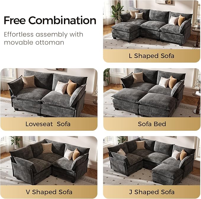 KKL Modular Sectional Sofa V-Shaped 3 Seater Cloud Couch with Ottoman Chenille Modern Sectional Couches for Living Room Apartment Grey