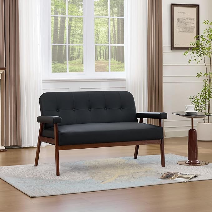JIASTING 50” Black Leather Loveseat Sofa Mid Century Modern Small Office Love Seat Couch with Wood Arms Two Seater Couches for Small Spaces Living Room Waiting Room Bedroom Black